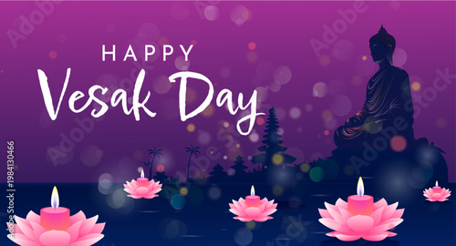 Vesak Day Banner Design with Buddha Silhouette, Lotus Candle, and Purple Night Spiritual Background Scene