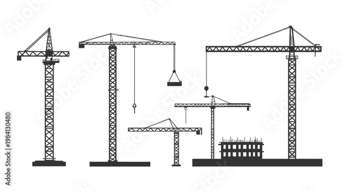 Silhouetted illustration of various construction cranes in different configurations against a white backdrop