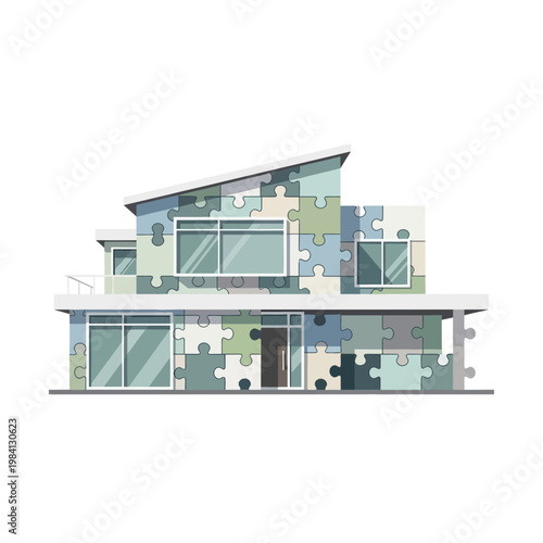 Modern House Exterior Clad in Puzzle Pieces, Unique Architectural Design