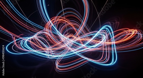 A vibrant, abstract light painting with blue and orange hues, swirling and flowing in a mesmerizing pattern against a dark background.