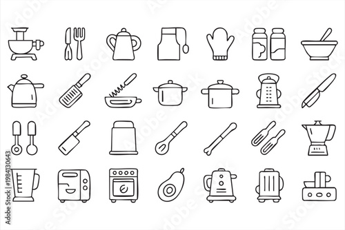 Modern kitchen icons with cookware baking tools and food preparation equipment
