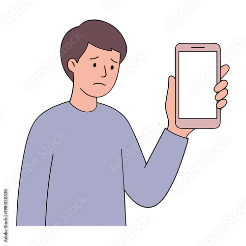 Man shows a smartphone with a concerned expression on his face indoors