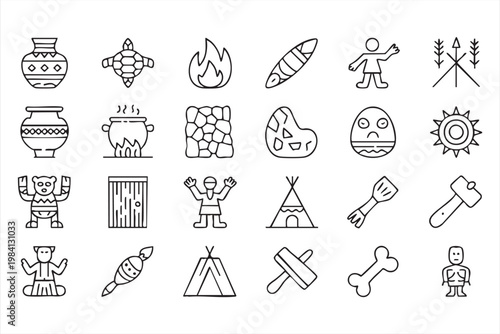 Ethnic culture icons with tribal artifacts rituals and community lifestyle symbols