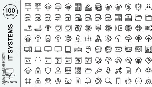 A collection of line icons representing various IT systems and technology concepts. AI, eps, png, jpg. transparent background.