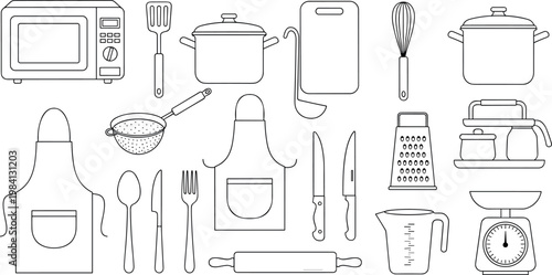 Kitchen Utensils and Cooking Tools Outline Icon Set with Pots, Apron, Knife, Whisk, Grater, Scale, and Baking Equipment Vector Collection