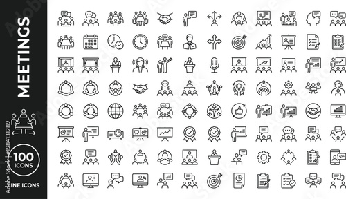 A collection of line icons depicting various meeting and business concepts on a white background. AI, eps, png, jpg. transparent background.