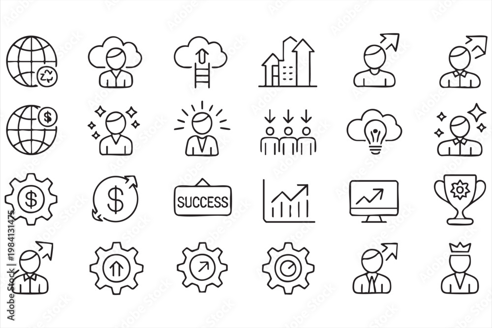 Fototapeta premium Leadership and business growth icons with strategy innovation and achievement visuals