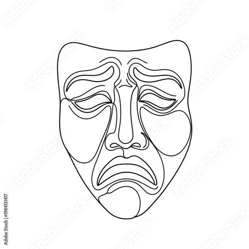 Sadness mask, abstract line art, theater tragedy symbol, emotional expression