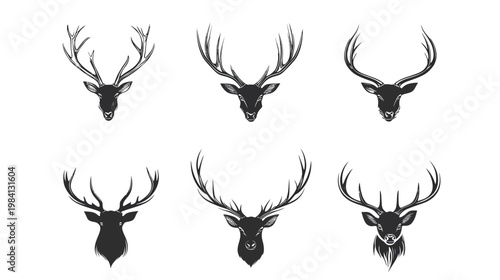 A collection of six stylized deer heads with prominent antlers, depicted in monochrome