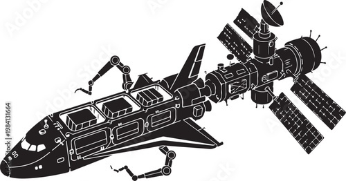 Space Shuttle, Spacecraft, Satellite, Black Vector Illustration, Space Station
