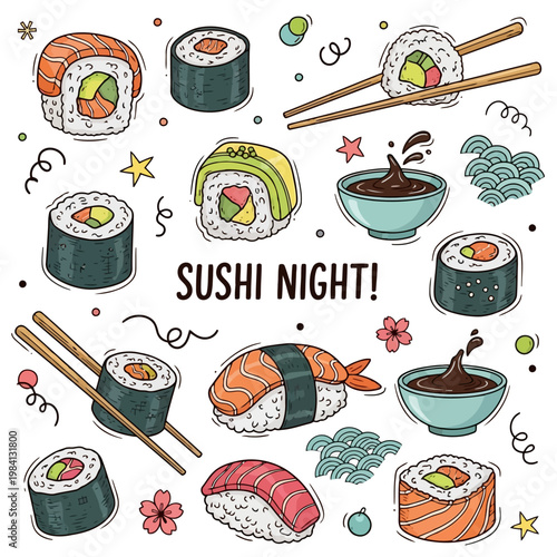 A delightful collection of hand-drawn sushi and sashimi pieces, with various rolls, dipping sauces, and chopsticks, perfect for a sushi night promotion.