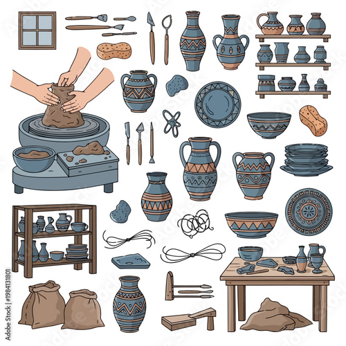 A comprehensive collection of pottery tools, clay items, various finished ceramic pots, bowls, plates, and shelving, depicting the art of pottery creation.