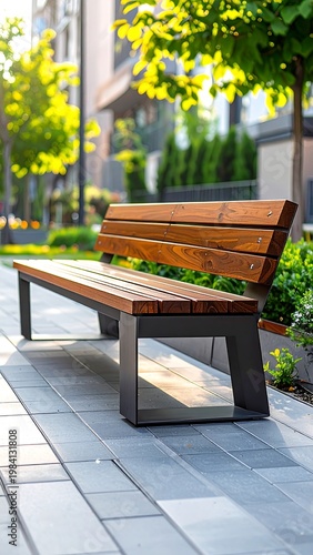 Wooden park bench on brick pathway surrounded by lush greenery, modern urban setting