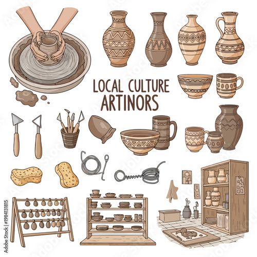 A detailed illustration showcasing the process and products of traditional pottery, featuring hands on a pottery wheel, various ceramic vessels, and tools.