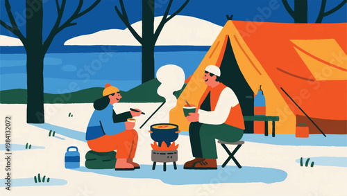 Illustration Of A Family Preparing Breakfast In The Camping Area In The Morning Vector Design Template