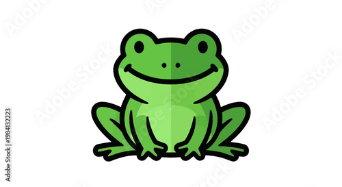 Smiling Green Cartoon Frog Sitting Down.