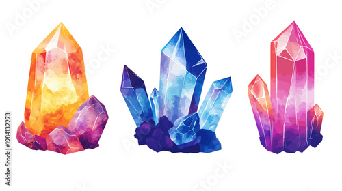 Watercolor illustration of three stylized, colorful gemstones in shades of orange, blue, and pink
