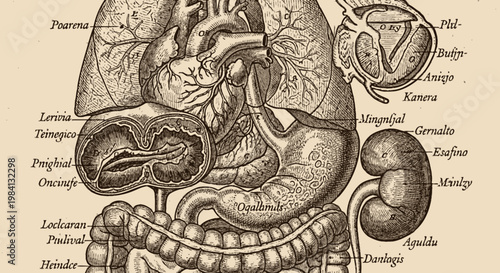 AIzaSyACw_Sl32TVbLAaliGlWq7iQivO06qYVOU. Vintage human torso organs heart, lungs, stomach, kidney; complex anatomy and neural control for scientific study