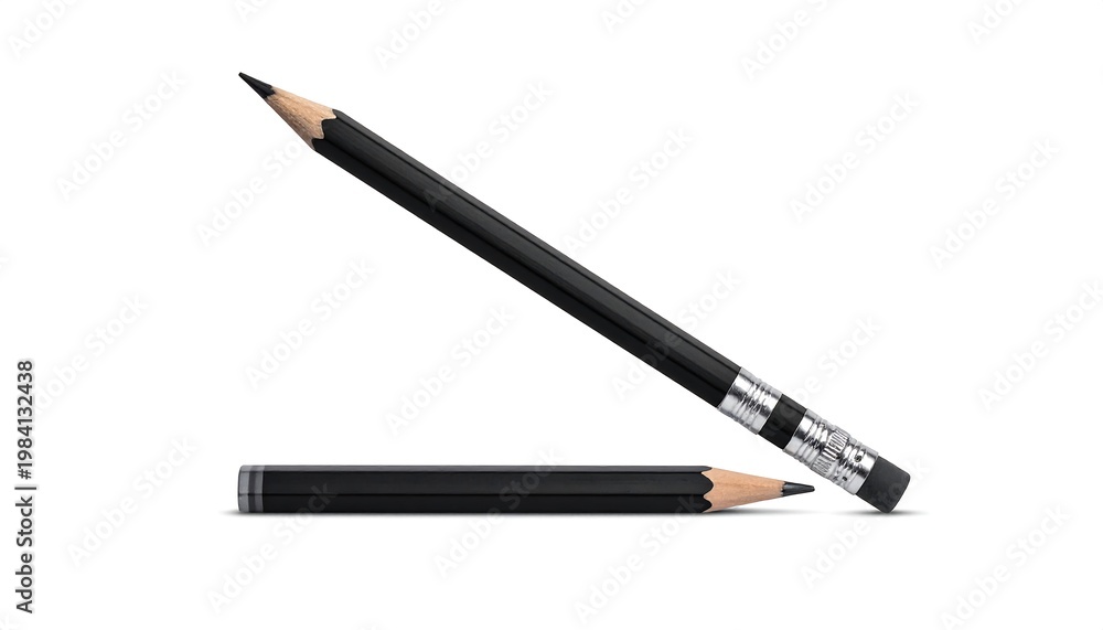 Fototapeta premium Two sharpened, graphite-cored writing instruments, one at an angle, on a plain white backdrop