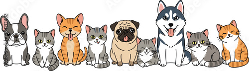 Large Set of Cute Cartoon Cats and Dogs Including Husky, Pug, Bulldog, and Tabby Kittens Standing Together for Pet Shop, Shelter, and Animal Care Designs