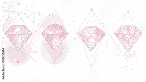 Pink diamond illustrations with watercolor effects and network-like connections on white background