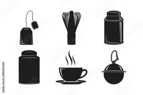 Tea ceremony tools and cup set bundle beverage preparation vector art.