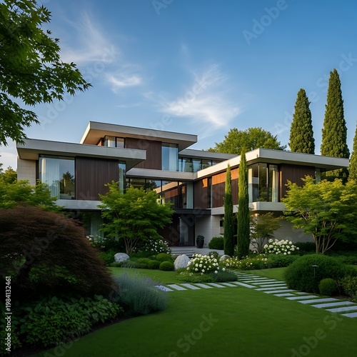 Modern Home Exterior with Lush Landscaping and Contemporary Design.