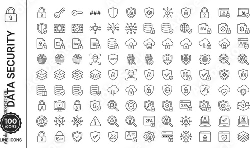 A collection of line icons related to data security and protection AI, eps, png, jpg. transparent background.