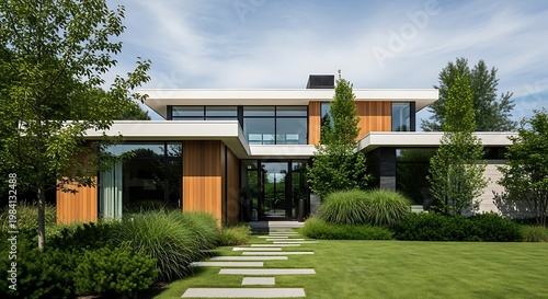 Modern Home Exterior with Lush Landscaping and Clean Lines.