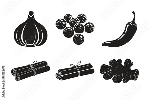 Spice and seasoning silhouette set bundle, cooking ingredients collection.