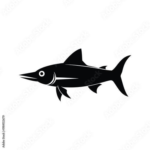 Black and white illustration of a sleek fish swimming, elegant silhouette vector design, icefish silhouette vector illustration