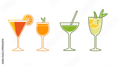 Four stylized cocktail glasses filled with various colored liquids and garnishes on a clean white background