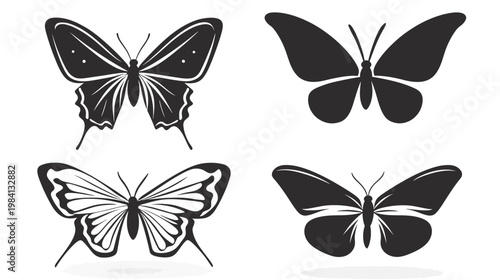 Four black and white butterfly illustrations, each with unique wing shapes and detailing