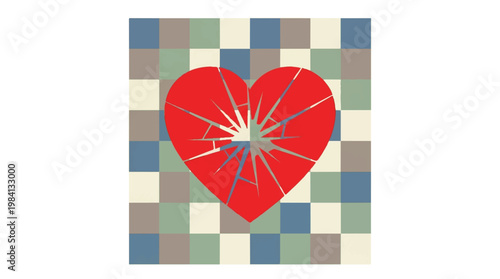 Cracked red heart symbol with tiled background broken heart emotional pain background shattered illustration fragmented division relationship