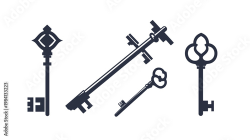 Various silhouettes of keys in a dark, muted color against a white background