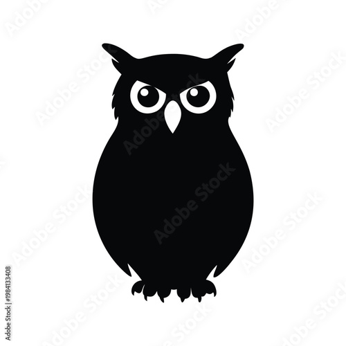 Black and white owl large eyes and sharp beak, elegant silhouette vector illustration, owl silhouette vector illustration