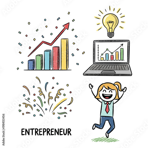 Entrepreneur jumping for joy with confetti, displaying business growth charts, idea lightbulb, and laptop with financial data.