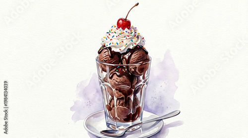 Delicious chocolate ice cream sundae with whipped cream and cherry on top of a glass cup on a plate.