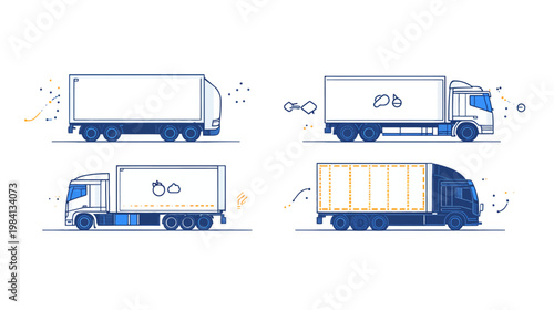 A stylized illustration featuring four different trucks, each with cargo and design variations