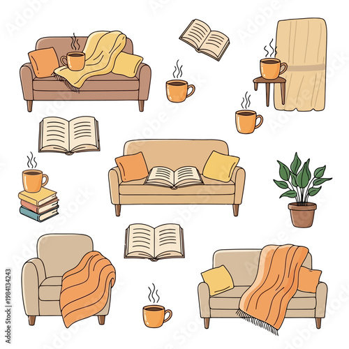 Cozy home interior design elements with soft orange color palette comfortable living room furniture, books, and hot drinks for a relaxing atmosphere.