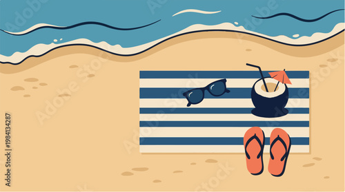 SUMMER BEACH RELAXATION WITH COCONUT DRINK SUNGLASSES AND FLIP FLOPS