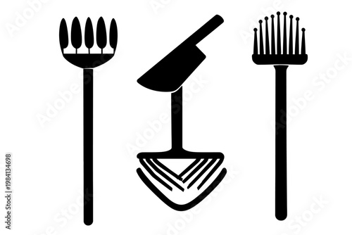 A black and white illustration of three gardening tools a rake, hoe, and broom