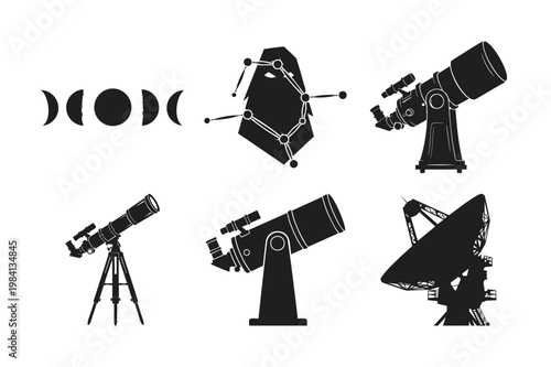 Astronomy and space exploration silhouette set bundle with telescope.