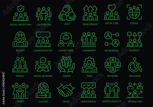 Society line icon set. Editable Stroke. Community, people, cooperation, unity, social, network - stock vector.