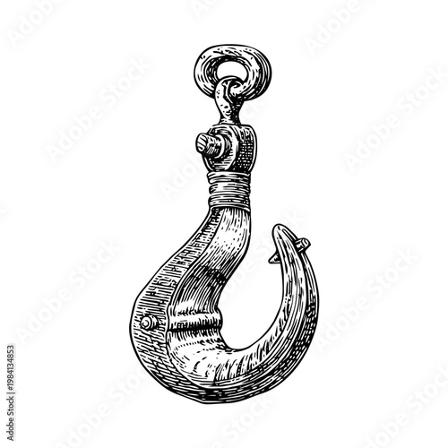 Heavy duty metal hook for lifting and suspending objects vintage engraving illustration