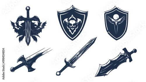 Collection of inked illustrations depicting various medieval weapons, including swords and shields