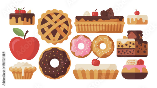 Assortment of delicious pastries and desserts including cakes donuts tarts muffins on a white background with sweet treats baked goods dessert assort