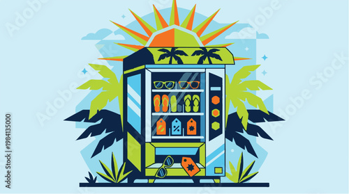 Summer Beach Vending Machine With Sunglasses And Flip Flops Illustration