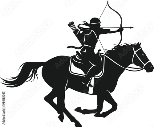 Black silhouette of a medieval mounted archer firing an arrow while riding a horse