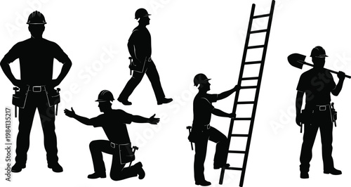 Collection of construction worker silhouettes wearing hard hats and tool belts on white background